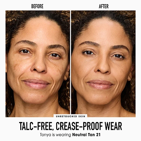 Image 1 - Split image showing a womans face before and after foundation application with the text BEFORE, AFTER, UNRETOUCHED SKIN, TALC-FREE, CREASE-PROOF WEAR, and Tonya is wearing Neutral Tan 21. Image 2 - Four hands holding open bareMinerals ORIGINAL foundation compacts show swatches of various shades on arms with text labels including Fair 01 Fair Ivory 02 Fairly Light 03 Golden Fair 04 Fairly Medium 05 Soft Medium 11 Neutral Ivory 06 Light 08 Golden Ivory 07 Light Beige 09 Medium Beige 12 Golden Beige 13 Golden Medium 14 Medium 10 Neutral Medium 15 Golden Tan 20 Medium Tan 18 Golden Nude 16 Tan Nude 17 Tan 19 Neutral Tan 21 Warm Tan 22 Neutral Dark 24 Golden Dark 25 Warm Dark 26 Medium Dark 23 Warm Deep 27 Deepest Deep 30 Neutral Deep 29 Golden Deep 28. Image 3 - A grid of before and after close-up photos showing different skin types and concerns including pores, imperfections, fine lines, and dull dry skin, with the text IDEAL FOR ALL SKIN TYPES PORES IMPERFECTIONS FINE LINES DULL DRY SKIN. Image 4 - A makeup brush is shown with face powder and text that reads Powder PERFECTLY With the Precision Face Brush, PRECISIO, PRESS brush into the powder, TAP away excess, SWEEP across skin starting in the center working outward. Image 5 - The image shows three bareMinerals ORIGINAL makeup compacts open with pressed powder showing, next to text reading CLINICALLY PROVEN RESULTS ONE WEEK LATER 32% IMPROVEMENT in appearance of skin health* 31% IMPROVEMENT in skin’s clarity* 12% REDUCTION in appearance of pores after 4 weeks* 16% REDUCTION in appearance of fine lines* and the note *Based on an independent clinical study. Image 6 - The image shows a 4-step bareMinerals clean routine with products and text: THE ORIGINAL CLEAN ROUTINE, STEP 1 New PRIME TIME® ORIGINAL FOUNDATION PRIMER Prep skin for makeup, leaving a natural filtered effect, STEP 2 ORIGINAL LIQUID MINERAL CONCEALER Instantly smooth and perfect skin tone and texture* *Based on an independent consumer test, STEP 3 New ORIGINAL PRESSED POWDER FOUNDATION Build coverage with a skin-improving pressed formula, STEP 4 ORIGINAL MINERAL VEIL® 24HR NATURAL MATTE SETTING SPRAY Set makeup with hydrated 24HR matte wear** **Based on an independent clinical study with 30 people.