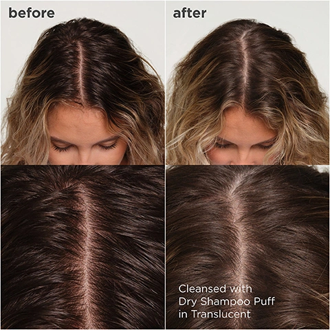 Image 1 - A four-panel image shows before and after comparisons of hair: the top row features a womans blonde hair, initially with oily roots and then refreshed, while the bottom row provides close-ups of dark brown hair roots, appearing oily then clean. The image includes the text before, after, Cleansed with Dry Shampoo Puff in Translucent. Image 2 - A before and after comparison shows a womans dark hair and scalp, with the before image displaying slightly oily roots and the after image showing refreshed, less oily roots, with visible text reading Cleansed with Dry Shampoo Puff in Tinted. Image 3 - An image displays two teal powder puff applicators, the top one covered in a light, translucent powder and the bottom one with a darker, tinted powder, with text that reads Translucent for all hair colors and Tinted for dark hair. Image 4 - A persons hands apply a green and brown Briogeo Style + Treat dry shampoo puff to their dark scalp and hair, with instructions above that read: How to apply 1 Remove safety seal before using. Twist the top to unlock. 2 Pat puff directly on scalp + hair until product comes out. 3 Massage in and shake out excess. 4 Lock cap in place when not in use. Image 5 - A smiling woman with dark hair holds a green product container against a blue sky, with text that reads Instantly absorbs excess oil, Precise, mess-free application, Non-aerosol packaging. Image 6 - Image divided into three rows: top row shows a pile of white powder with text Finely Milled Starches Instantly refresh roots; middle row shows a pile of blue powder with text Copper peptides Help support a healthy hair life cycle; bottom row shows green coffee beans and a green leaf with text Energy Complex Stimulates the scalp + provides antioxidant benefits.