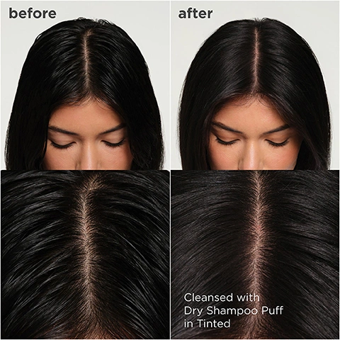 Image 1 - A before and after image shows a close-up of a persons dark hair and scalp, with the before section on the left depicting an oily scalp and the after section on the right depicting a cleaner, refreshed scalp, with text before, after, and Cleansed with Dry Shampoo Puff in Tinted. Image 2 - The image shows two teal puff applicators, the top one with translucent powder and the bottom one with tinted powder, with text that reads Translucent for all hair colors and Tinted for dark hair. Image 3 - The image shows a hand applying a green and brown Briogeo Dry Shampoo Puff to a persons dark hair and scalp, with instructions above reading: How to apply 1 Remove safety seal before using. Twist the top to unlock. 2 Pat puff directly on scalp + hair until product comes out. 3 Massage in and shake out excess. 4 Lock cap in place when not in use. Image 4 - A smiling woman with dark hair and a yellow top holds up a small two-toned green product against a bright blue sky, with text that reads Instantly absorbs excess oil, Precise, mess-free application, Non-aerosol packaging. Image 5 - A grid displays product ingredients and their benefits, featuring a pile of white powder with text Finely Milled Starches Instantly refresh roots, a pile of blue powder with text Copper peptides Help support a healthy hair life cycle, and green coffee beans with a leaf with text Energy Complex Stimulates the scalp + provides antioxidant benefits.
