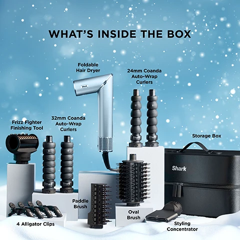 Image 1 - The image displays a Shark hair styling kit laid out on white pedestals against a blue snowy background, including a silver foldable hair dryer, 24mm Coanda auto-wrap curlers, a frizz fighter finishing tool, 32mm Coanda auto-wrap curlers, a paddle brush, an oval brush, 4 alligator clips, a styling concentrator, and a black Shark storage box, accompanied by the text WHATS INSIDE THE BOX. Image 2 - A black rectangular Shark FlexStyle storage case with a handle and double zippers, resting on white, snow-like mounds against a blue sky background with falling white particles, displays the text SHARK FLEXSTYLE STORAGE CASE Our storage case is made with vegan PU leather and a soft fabric interior to protect your tools in between uses. With five compartments, it fits your Shark FlexStyle and its accessories comfortably. and the Shark logo.