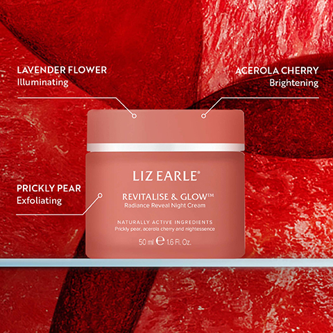 Image shows a pink jar of Liz Earle night cream with labels pointing to ingredients and their benefits: Lavender Flower Illuminating, Prickly Pear Exfoliating, Acerola Cherry Brightening, and the text on the jar reads Liz Earle Revitalise & Glow Radiance Reveal Night Cream Naturally Active Ingredients Prickly pear acerola cherry and nightessence 50 ml e 1.6 Fl. Oz.