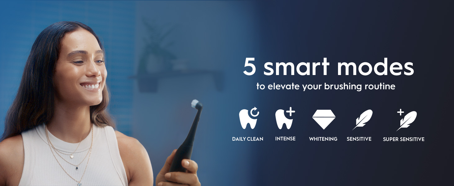 A smiling woman holds an electric toothbrush, with text on the right listing 5 smart modes to elevate your brushing routine: Daily Clean, Intense, Whitening, Sensitive, Super Sensitive.