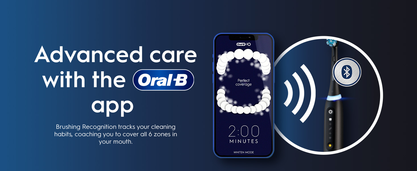 Image displays an Oral-B electric toothbrush and a smartphone screen showing the Oral-B app with tooth coverage, timer, and connection icons, accompanying the text Advanced care with the Oral-B app Brushing Recognition tracks your cleaning habits, coaching you to cover all 6 zones in your mouth Oral-B iO Perfect coverage 2:00 MINUTES WHITEN MODE.