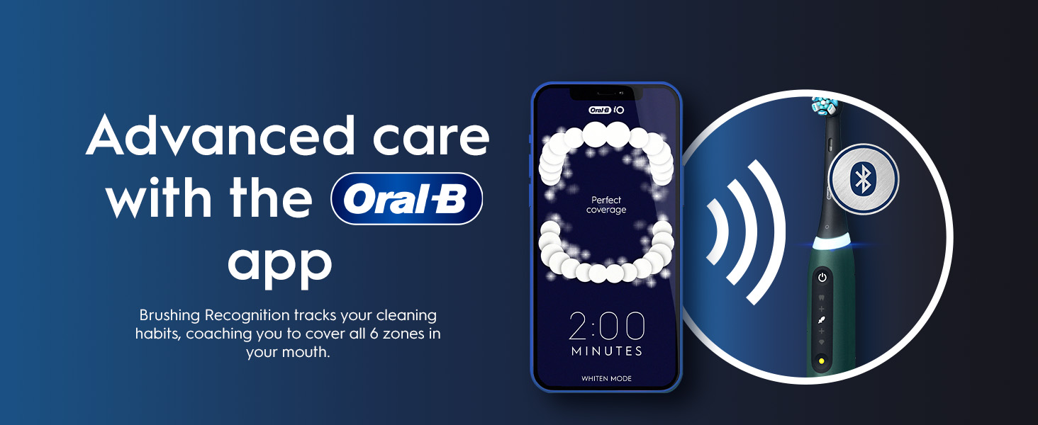 Oral-B app visible on phone, connected to a smart toothbrush to track brushing coverage across all mouth zones.