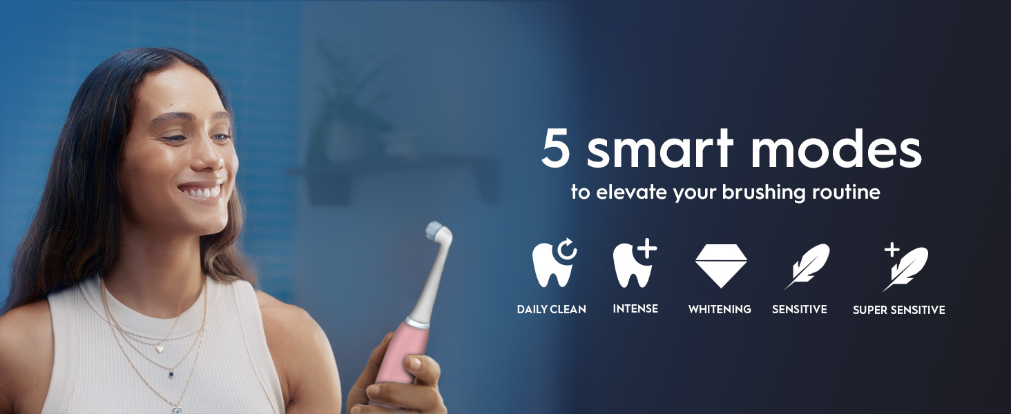 A smiling woman holds a pink electric toothbrush next to text 5 smart modes to elevate your brushing routine followed by icons and the text Daily Clean Intense Whitening Sensitive Super Sensitive.