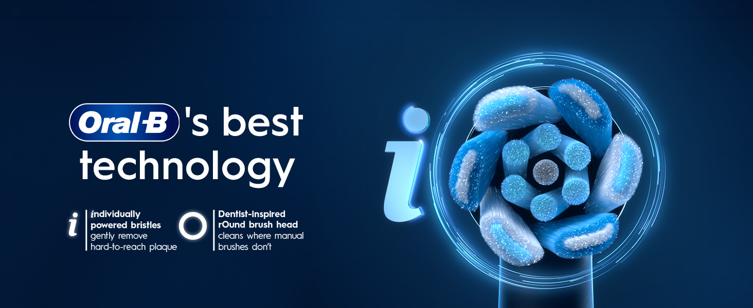 Text on the left and a close-up of an Oral-B toothbrush head with glowing blue highlights on the right, reading Oral-Bs best technology i individually powered bristles gently remove hard-to-reach plaque O Dentist-Inspired rOund brush head cleans where manual brushes dont.