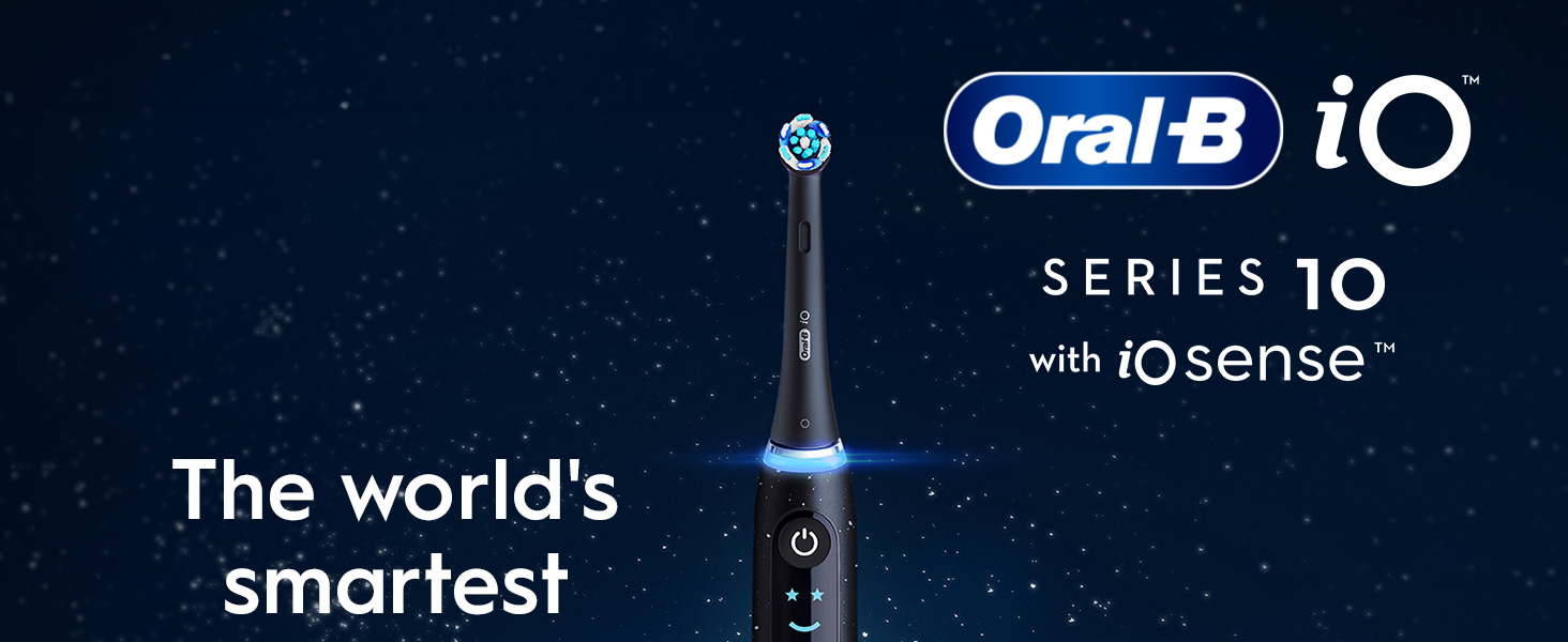 A black Oral-B iO electric toothbrush is shown on a starry background with the text The worlds smartest Oral-B iO SERIES 10 with iOsense.