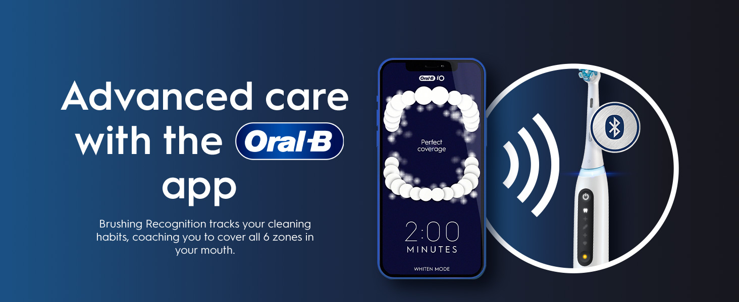 The image shows an Oral-B electric toothbrush and a smartphone displaying the Oral-B iO app with a mouth diagram showing perfect coverage and a timer set to 2:00 minutes, alongside text that reads Advanced care with the Oral-B app and Brushing Recognition tracks your cleaning habits, coaching you to cover all 6 zones in your mouth.