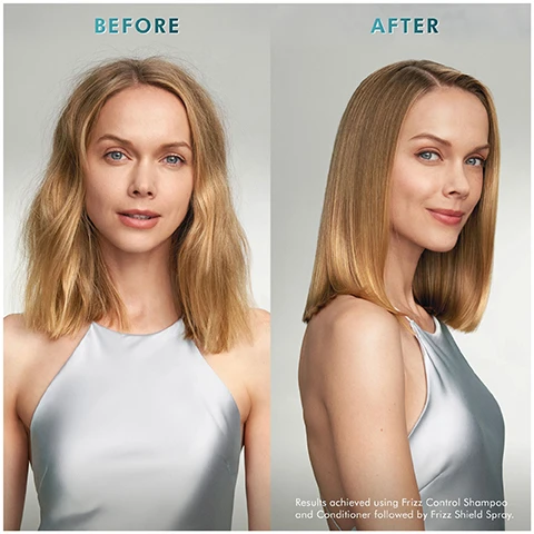 Image 1 - A blonde woman is shown in a before and after comparison of hair treatment, with the left image showing her with wavy, frizzy hair looking forward and the right image showing her with smooth, straight, shiny hair looking to the side, with visible text reading BEFORE, AFTER, and Results achieved using Frizz Control Shampoo and Conditioner followed by Frizz Shield Spray. Image 2 - A persons hair is being washed and covered in shampoo foam, with text overlays describing benefits: Argan Oil helps to enhance manageability and nourish, Jackfruit Extract hydrates the hair for increased frizz resistance, Nori Extract provides increased manageability and anti-frizz benefits, and Amaranth Oil helps protect the hairs keratin structure.