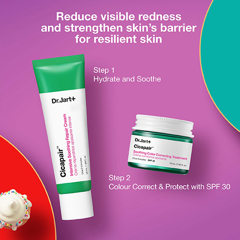 A promotional image for Dr.Jart+ skincare features a green tube of Cicapair Intensive Soothing Repair Cream and a green jar of Cicapair Soothing Color Correcting Treatment, with the overlaid text: Reduce visible redness and strengthen skins barrier for resilient skin, Step 1 Hydrate and Soothe Dr.Jart+ Cicapair™ Intensive Soothing Repair Cream Crème réparatrice apaisante intense Cica 2 Complex 50 mL / 1.69 fl. oz., Step 2 Colour Correct & Protect with SPF 30 Dr.Jart+ Cicapair™ Soothing Color Correcting Treatment Crème correctrice apaisante Cica Complex SPF 30 15 mL / 0.50 fl. oz.