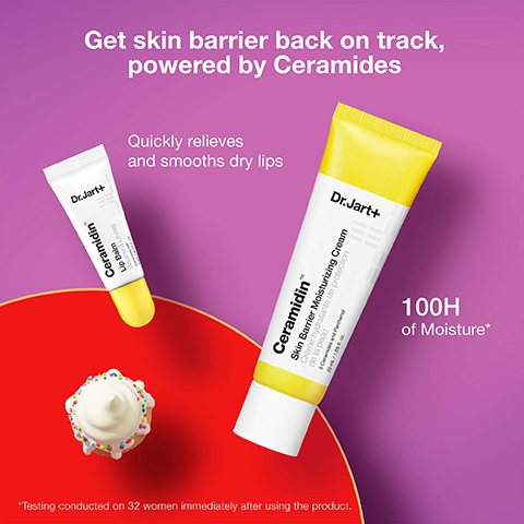 Two Dr. Jart+ Ceramidin product tubes, a lip balm and a moisturizing cream, are shown with a small cupcake on a purple and red background, alongside text that reads Get skin barrier back on track, powered by Ceramides Quickly relieves and smooths dry lips Dr.Jart+ Ceramidin Lip Balm Baume à Lèvres Ceramide NP 7 mL / 0.23 fl. oz. Dr.Jart+ Ceramidin TM Skin Barrier Moisturizing Cream Crème hydratante de protection 5 Ceramides and Panthenol 50 mL / 1.69 fl. oz. 100H of Moisture* *Testing conducted on 32 women immediately after using the product.
