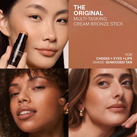 Image 1 - A collage image shows three women with varying skin tones demonstrating a bronzer stick on their cheeks and lips, with a bronze background panel displaying text that reads THE ORIGINAL MULTI-TASKING CREAM BRONZE STICK FOR CHEEKS + EYES + LIPS SHADE: SUNKISSED TAN, and the product stick itself reads NUDIES MATTE ALL OVER FACE BRONZE COLOR COULEUR BRONZE POUR LENSEMBLE DU VISAGE. Image 2 - Three women model nude makeup looks highlighting cheeks, eyes, and lips, with one holding a NUDIES MATTE ALL OVER FACE BRONZE stick, and the image includes the text CHEEKS, EYES, LIPS, NUDIES MATTE ALL OVER FACE BRONZE COULEUR BRONZE ROUGE LENSEMBLE DU VISAGE, NUDE BEAUTY DONE BETTER For Cheeks + Eyes + Lips On The Go, and MULTI-TASKING ALL OVER FACE CREAM BRONZE COLOR. Image 3 - A person with dark skin and braided hair applies a Nudies Matt makeup stick to their cheek, with overlay text indicating application areas as 1 CHEEKS, 2 EYES + TEMPLES, 3 JAW, and further product information: ALL OVER FACE BRONZE, COULEUR BLUSH BRONZANT POUR LENSEMBLE DU VISA, EASY STRIPE, BLEND, GO, Easy, Multi-Tasking Glow Highlight Stick To Go, Monochromatic Makeup for Cheeks + Eyes + Lips. Image 4 - Three arms with light, medium, and dark skin tones display swatches of nine makeup shades labeled Bondi Bae, Terracotta Tan, Deep Maple, Eh, Beach Babe, Sunkissed, Sunkissed Cool, Bondi Belle, Manila, and Sunkissed Tan. Image 5 - The image displays three NUDESTIX Nudies Matte cosmetic sticks, one coral-colored stick partially uncapped, and two upright sticks in tan and reddish-brown shades (one with a brush), set on a reflective surface against a light pink background, with superimposed text reading THE BRONZE, BLONZE & BRONZETOUR STICK, For Cheeks + Eyes + Lips On The Go, followed by product features: EASY TO BLEND, Cream Formula Made in Korea, The Makeup Artist Blush Balm, LONG WEARING, Non-Drying, Non-Feathering, Performance Pigments, RICH COLOR PAYOFF, Clean High-Performance Blush Color, and the product branding on the upright sticks NUDESTIX NUDIES MATTE, ALL OVER FACE BRONZE COLOR COULEUR BRONZE POUR LENSEMBLE DU VISAGE. Image 6 - The image shows a multi-layered makeup stick with shades of peach, brown, and pink, alongside explanatory text and visual cues for ingredients: SKIN-LOVING MAKEUP THATS ALL YOU, Minimalist clean, skin-loving ingredients that you can always feel good about; visible gold capsules are linked to MOISTURIZING & NATURAL ANTIOXIDANT Vitamin E; white powder is linked to SOFT BLURRING & OIL-ABSORBING Kaolin & Silica Minerals; and clear liquid is linked to 50% EMOLLIENT-RICH COMPLEX; at the bottom left, a leaping bunny logo is accompanied by CLEAN VEGAN CRUELTY-FREE. Image 7 - Seven makeup sticks are displayed with their swatches, organized under the headings BLONZER BLUSH / BRONZE for shades Sunkissed, Sunkissed Cool, Beach Babe, and BRONZER WARMING / CONTOUR for shades Sunkissed Tan, Bondi Bae, Bondi Belle, Deep Maple, Eh, Terracotta Tan. Image 8 - The image shows a Nudestix Nudies Matte All Over Face Bronze Color makeup stick with an orange-brown shade, a close-up of its removable brush, and a travel mirror, accompanied by text that reads: EASY, EFFORTLESS & ON-THE-GO We do not believe in single-use waste. We encourage reusable and recyclable materials with environmentally friendly packaging. JOIN A SMALL MOVEMENT & MAKE NUDESTIX NUDIES MATTE ALL OVER FACE BRONZE COLOR COULEUR BLUSH POUR LENSEMBLE DU VISAGE TRAVEL TO-GO MIRROR REMOVEABLE, WASHABLE BRUSH *RECYCLE BASED ON YOUR LOCAL RECYCLING PROGRAM.