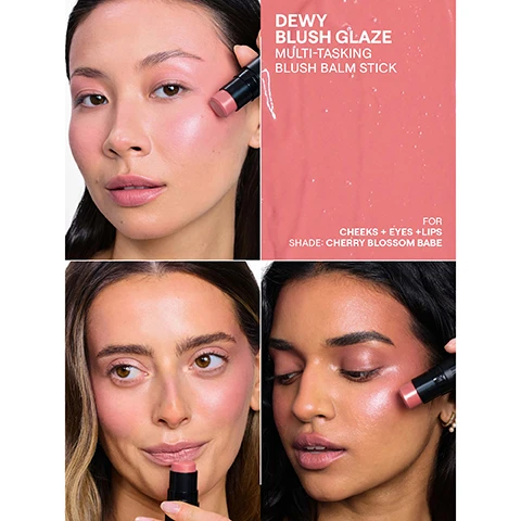 Image 10 - A stack of five glossy cosmetic swatches in white, rust, pink, deep red, and glittery peach colors is shown on a light pink background, next to text that reads GLOSSY & HYDRATING For Soft & Juicy Lips, followed by details: SOFTENING Melts over lips with skin loving ingredients that help soften, soothe and protect. NOURISHING Contains Vitamin E which leaves your lips supple & hydrated. VOLUMIZING Locks in moisture & increases circulation maximizes lip volume. Image 3 - A four-panel collage shows three models applying a pink dewy blush stick to their cheeks, eyes, and lips, with a panel displaying product information that reads: DEWY BLUSH GLAZE MULTI-TASKING BLUSH BALM STICK FOR CHEEKS + EYES + LIPS SHADE: CHERRY BLOSSOM BABE. Image 4 - A four-panel image features close-ups of lips coated in a glossy, pinkish-orange product, with one panel showing the shimmering product texture, and text that reads HYDRATING PEPTIDE LIP BUTTER, SHADE: ROSE SPARKLE. Image 5 - A close-up of a person with dark skin and curly hair demonstrates makeup application on the cheeks, eyes, and lips with a rosy-mauve cream product, accompanied by text: 1 CHEEKS DRAW, STRIPE & BLEND FOR A LONG WEARING BUILDABLE BLUSH; 2 EYES APPLY TO EYES FOR ALL OVER FACE COLOR; 3 LIPS TAP ONTO LIPS FOR SOFT CREAM COLOR; EASY STRIPE, BLEND, GO; Easy, Multi-Tasking Blush Stick To Go; Monochromatic Makeup for Cheeks + Eyes + Lips. Image 7 - The image features a stack of four makeup sticks in shades of coral, pink, and peach, visually explaining their benefits through connected icons of coconut, vitamin E capsules, powdered minerals, and oil, accompanied by the text: SKIN-LOVING MAKEUP THATS ALL YOU, Minimalist clean, skin-loving ingredients that you can always feel good about, LOCKS IN HYDRATION Caprylic/ Capric Triglyceride, MOISTURIZING & NATURAL ANTIOXIDANT Vitamin E, SKIN-BRIGHTENING Natural Minerals, 55% EMOLLIENT-RICH COMPLEX, and a Clean Vegan Cruelty-Free bunny logo. Image 8 - The image shows a beige NUDESTIX Hydrating Peptide Lip Butter tube with its applicator tip visible, surrounded by a halved avocado with its pit, several brown nuts, a dollop of white cream, and a smear of translucent green gel on a light green background; visible text on the tube includes NUDESTIX Hydrating Peptide Lip Butter Shea + Avocado, NUDESKIN written vertically, and BEURRE À LÈVRES HYDRATANT AUX PEPTIDES also written vertically, while text on the background labels AVOCADO BUTTER, 2% TRIPEPTIDE COMPLEX, and SHEA BUTTER. Image 9 - The image displays several NUDESTIX Nudies Bloom blush sticks in coral and pink tones on a reflective surface, some open to show the product or a brush applicator, with prominent text on the left detailing features such as Juicy Plump Cheeks For Cheeks + Eyes + Lips On The Go, Easy To Blend Dewy Formula Made in Korea, Long Wearing Non-Drying Performance Pigments, Fresh Color Payoff Clean High-Performance Blush Color, and the product label on the sticks reads Nudestix Nudies Bloom All Over Face Dewy Color Couleur Effet Brillant Pour LEnsemble Du Visage.