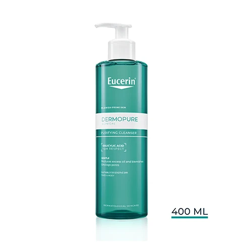 Image 1 - A tall, teal-colored pump bottle of Eucerin Dermopure Purifying Cleanser with a white pump top, featuring text that reads Eucerin Blemish-Prone Skin Dermopure Clinical Purifying Cleanser Salicylic Acid pH Respect Gentle Reduces excess oil and blemishes Unclogs pores Suitable for Sensitive Skin Face & Body Dermatological Skincare, and below the bottle, the text 400 ML. Image 2 - The image displays a teal wavy liquid on the left with the text Salicylic Acid To exfoliate and unclog blocked pores, and a clear viscous liquid on the right with the text Dermo-Acids AHA + PHA To significantly enhance the skins appearance, with the Eucerin logo in the top right. Image 3 - A teal liquid with ripples is shown above white space containing text that reads: Eucerin With correcting SALICYLIC ACID Dissolves & removes dead skin Opens up and prevents clogged pores.