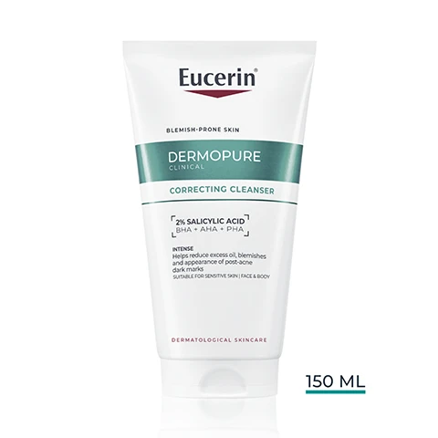 Image 1 - A white Eucerin Dermopure Clinical Correcting Cleanser tube with a green band is shown, with text Eucerin BLEMISH-PRONE SKIN DERMOPURE CLINICAL CORRECTING CLEANSER 2% SALICYLIC ACID BHA + AHA + PHA INTENSE Helps reduce excess oil, blemishes and appearance of post-acne dark marks SUITABLE FOR SENSITIVE SKIN FACE & BODY DERMATOLOGICAL SKINCARE 150 ML. Image 2 - A young man with curly hair applies white foamy cleanser to his cheek, with the brand name Eucerin and text Intensive Cleansing Gel CORRECTS BLEMISHES & MARKS FROM STEP 1 displayed. Image 3 - A persons face showing some blemishes and skin texture, with the text Eucerin, Face & Body Efficacy, EXCESS SEBUM, PIMPLES, COMEDONES, MARKS. Image 4 - Two white tubes of Eucerin DermoPure Clinical Correcting Cleanser for blemish-prone skin, formulated with 2% Salicylic Acid BHA + AHA + PHA to help reduce excess oil, blemishes, and appearance of post-acne dark marks, are displayed next to text reading 96% SAW BLEMISHES & POST-ACNE MARKS REDUCTION¹, with smaller text ¹ Product-in-use, 100 subjects, after 4 weeks. Image 5 - A side-by-side comparison of two white Eucerin Dermopure Correcting Cleanser tubes against a white background, with an older blurred version on the left and a new clear version with a teal band on the right, accompanied by the text NEW LOOK SAME FORMULA, Eucerin, OLD, NEW, Eucerin, Blemish-prone skin, DERMOPURE CLINICAL, CORRECTING CLEANSER, 2% SALICYLIC ACID BHA AHA + PHA, INTENSE, Helps reduce excess oil, blemishes and appearance of post-acne dark marks, SUITABLE FOR SENSITIVE SKIN FACE & BODY, DERMATOLOGICAL SKINCARE. Image 6 - A hand in a white lab coat holds a white and green tube of Eucerin DermoPure Correcting Cleanser, with the text Eucerin Recommended by Dermatologists For Oily to Blemish-Prone Skin, and on the product tube Eucerin Blemish-prone skin Clinical Dermopure Correcting Cleanser 2% Salicylic Acid AHA + BHA + PHA Clears pores, helps reduce excess oil, blemishes and appearance of post-acne mark. Matte. Non-comedogenic. For face & body. Dermatological Skincare. Image 7 - The image features a teal liquid texture in the upper half and text in the lower half that reads Eucerin, With correcting SALICYLIC ACID, Dissolves & removes dead skin, Opens up and prevents clogged pores. Image 8 - An image displays two textures with accompanying text: a teal gel labeled 2% Salicylic Acid to exfoliate and unclog blocked pores, and a clear gel labeled Dermo Acids AHA & PHA to significantly enhance the skins appearance, with the Eucerin logo visible at the top right. Image 9 - An image shows three Eucerin skincare products: a white tube labeled Eucerin DermoPure Clinical Correcting Cleanser with 2% Salicylic Acid, a white pump bottle labeled Eucerin DermoPure Triple Action with 2% Salicylic Acid Thiamidol, and a white bottle with an orange cap labeled Eucerin Sun Protection 50+ Oil Control Dry Touch Sun Gel-Cream; below each product are the titles Correcting Cleanser, Triple Action, and Oil Control SPF 50+ respectively, with the Eucerin logo displayed at the top right.