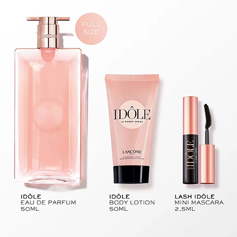 Image 2 - Three pink and rose gold Lancôme Idôle beauty products, including a tall perfume bottle, a squeeze tube of body lotion, and an open mascara with its brush extended, are displayed on a white background, showing the text FULL SIZE, LANCÔME, IDÔLE EAU DE PARFUM 50ML, IDÔLE LA POWER CRÈME PARIS LANCÔME Scented body cream Crème parfumée pour le corps, IDÔLE BODY LOTION 50ML, IDÔLE LANCÔME LASH, and LASH IDÔLE MINI MASCARA 2,5ML. Image 4 - A rectangular perfume bottle with a rose gold cap, filled with pink liquid and a large rose bloom visible through it, is surrounded by white jasmine flowers, pink crystalline rocks, and a small white flower, with the labels Jasmine, White Musks, Rose, Vanilla, and Bergamot on a soft pink and peach background. Image 5 - Multiple sleek, rectangular perfume bottles containing pink liquid are wrapped in rose gold ribbons displaying the text IDÔLE, set against a gradient background, with the text BE YOUR OWN IDÔLE. in the top right corner. Image 6 - Two slender pink Lancôme Idôle perfume bottles, one darker and one lighter, stand on a decorative pink gift box with a clock-face design, with text reading NEW IDÔLE POWER EAU DE PARFUM, IDÔLE EAU DE PARFUM, LANCOME PARIS, and SHOP THE IDÔLE RANGE.