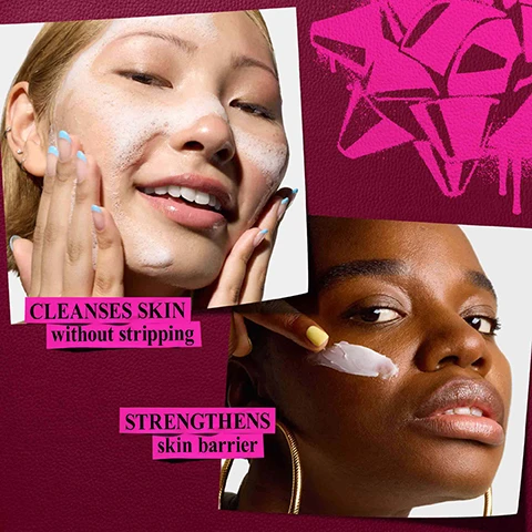 Image 1 - A collage image shows a smiling woman with fair skin applying a foamy cleanser to her face and a woman with dark skin applying white cream to her cheek, set against a deep pink background with a hot pink abstract design, alongside text that reads CLEANSES SKIN without stripping and STRENGTHENS skin barrier. Image 2 - Two white cosmetic product swatches are shown, with a foamy cleanser at the top and a smooth moisturizer at the bottom, separated by a torn paper edge, accompanied by text on pink labels reading ULTRA MOISTURISING Facial Cleanser and HYDRATING Moisturiser, and a dark red K logo in the bottom right. Image 3 - An open jar of Kiehls Ultra Facial Cream and a tube of Kiehls Ultra Facial Barrier-Hydrating Cleanser are prominently displayed, alongside explanatory text that reads K Our Products With: SQUALANE Replenishes skin moisture barrier, GLYCERIN Helps hydrate the skin barrier, and Kiehls Since 1851. Image 4 - A dark red background with a pink spray-painted X features two Kiehls skincare products, a white tube on the left and an open white jar of cream on the right, with visible text reading Recommended Order of Use, Step 1 Deeply cleanse & hydrate, Step 2 Hydrate & strengthen, on the tube Kiehls Since 1851 Ultra Facial Barrier-Hydrating Cleanser Cream-to-Foam Formula with Amino Acids, Squalane and Glycerin, unscented formula for all skin types, 2.5 fl. oz. - 75 ml, and on the jar Kiehls Since 1851 Ultra Facial Cream 24-Hour, Daily Lightweight Hydrating Formula with 4.5% Squalane and Glacial Glycoprotein. Image 5 - A Kiehls Ultra Facial Barrier-Hydrating Cleanser tube and Ultra Facial Cream jar are presented on a gold tray with a red ribbon, a pinecone, and a gold ornament decorated with a pink bird, featuring an overlay that reads Give the gift of HYDRATED SKIN this holiday!, and product labels showing KIEHLS SINCE 1851 ULTRA FACIAL BARRIER-HYDRATING CLEANSER Cream-to-Foam Formula with Amino Acids, Squalane and Glycerin unscented formula for all skin types 2.5 fl. oz. - 75 ml and KIEHLS SINCE 1851 ULTRA FACIAL CREAM 24-Hour, Daily Lightweight Hydrating Formula with 4.5% Squalane and Glacial Glycoprotein.