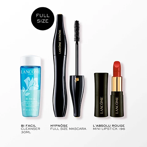 Image 2 - A product set displays a Lancôme Bi-Facil cleanser bottle containing blue and clear liquid with a white cap, labeled Lancôme Paris Bi-Facil Démaquillant Rapide Effet Non Gras - Yeux Sensibles Non Oily - Instant Cleanser Sensitive Eyes 30 ml 1 FL. OZ., a black Lancôme Hypnôse mascara tube and wand, labeled Lancôme Hypnôse and with a Lancôme rose logo, and an open Lancôme LAbsolu Rouge mini lipstick in a black and gold case with a red bullet, labeled Lancôme; additional text elements include a black circle with Full Size and product descriptions below each item: Bi Facil Cleanser 30ml, Hypnôse Full Size Mascara, and LAbsolu Rouge Mini Lipstick 196. Image 3 - A woman with dark hair and a gold earring holds a black mascara tube near her eye, with graphics of a mascara wand and bars representing mascara attributes; visible text includes LANCOME HYPNOSE on the tube, HYPNÔSE ORIGINAL displayed vertically, and the labels VOLUME, DEFINITION, LENGTH, CURL. Image 4 - A black Lancôme Hypnôse mascara tube is shown with an inset of its brush, outline illustrations of the tube and wand, and performance bars for Volume, Definition, Length, and Curl, with the text LANCOME HYPNOSE on the tube and HYPNOSE ORIGINAL vertically on the right. Image 5 - Three Lancôme mascaras, a black curvy one with its wand extended, a rose gold rectangular one, and a black and rose gold rectangular one, are displayed on a pink surface patterned with snowflakes and Paris landmarks, against a backdrop of snowy mountains, with all visible text reading: SHOP THE COLLECTION, HYPNÔSE DRAMA MASCARA EXTREME VOLUME, NEW LASH IDÔLE FLUTTER EXTENSION EXTREME LENGTH, LASH IDÔLE MASCARA LIFTING MASCARA the extraordinary, and on the tubes themselves: LANCÔME, HYPNÔSE DRAMA, IDÔLE LASH, FLUTTER EXTENSION.