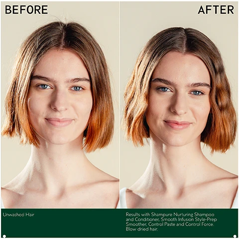 Image 1 - A before and after image shows a woman with shoulder-length hair, on the left her hair is straight and appears unwashed, and on the right it is styled in defined waves, with the visible text BEFORE, AFTER, Unwashed Hair, and Results with Shampure Nurturing Shampoo and Conditioner, Smooth Infusion Style-Prep Smoother, Control Paste and Control Force. Blow dried hair. Image 2 - A hand catches white hair product being dispensed from a bottle labeled AVEDA, with the text INSTANTLY DETANGLES, NOURISHES AND ADDS SHINE visible on the right. Image 3 - A white Aveda Shampure hand and body wash bottle with a teal pump is surrounded by green leaves and yellow flowers against a blue background, with text reading Gentle cleanser for hands and body with the iconic Shampure aroma, AVEDA, THE ART AND SCIENCE OF PURE FLOWER AND PLANT ESSENCES, shampure, hand and body wash, calming aroma, nettoyant pour les mains et le corps, arome calmant. Image 4 - A close-up of purple lavender sprigs, white petitgrain flowers, green leaves, and yellow-green ylang-ylang flowers on a light blue-green background, with the text NOTES OF LAVENDER, PETITGRAIN, AND YLANG-YLANG. Image 5 - A dark, sparkling background with green, red, and purple hues features the text EMBRACE THE TRUE SPIRIT OF CARE, Gift high-performance hair and body care crafted with naturally derived ingredients, followed by an AVEDA VEGAN logo, a flask icon, the text 96% NATURALLY DERIVED, a Cruelty Free INTERNATIONAL leaping bunny logo, and a disclaimer *On average, naturally derived per ISO 16128 standard, based on volumes sold. From plant sources, non-petroleum mineral sources, and/or water. Image 6 - A hand holds a white bottle of Aveda Shampure shampoo with a teal cap, featuring the text CLEANSES AND NOURISHES FINE TO MEDIUM HAIR on the left, and on the bottle AVEDA THE ART AND SCIENCE OF PURE FLOWER AND PLANT ESSENCES shampure nurturing shampoo calming aroma shampooing nourrissant arôme calmant.