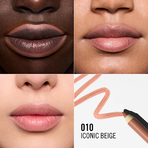Image 1 - Three close-ups show lips on different skin tones wearing nude lip color, with the bottom right panel featuring a beige lip liner pencil creating swatches on a white background next to the text 010 ICONIC BEIGE. Image 2 - A brown Rimmel Oh My Plump! Lip Shaper / Crayon à Lèvres pencil with a clear cap rests diagonally on a white background with a peach swirl and various liquid droplets, displaying text INFUSED WITH COLLAGEN-BOOSTING PEPTIDE & JOJOBA OIL and FOR FULLER AND SMOOTHER-LOOKING LIPS. Image 3 - A woman with glossy lips applies a pink lip liner to her bottom lip, with text overlays reading NO TUG, NO DRAG, ALL-GLIDE FORMULA, ULTRA-CREAMY, BOSS-LEVEL PIGMENT IN ONE SWIPE, and OH MY PLUMP! on the pencil. Image 4 - Two lip liners, one reddish-pink and one nude, lie on a metallic suitcase next to a checklist with text LIFE-PROOF FORMULA WATER AND TRANSFER RESISTANT BLENDABLE NO FEATHERING NO BLEEDING NO FADING, and the lip liners themselves display OH MY PLUMP! LIP SHAPER / CRAYON À LÈVRES RIMMEL. Image 5 - A collection of Rimmel Oh My Plump! lip shaper crayons in various red, pink, and brown shades, some with clear caps, arranged on a white background with swatches, featuring the text ULTRA COMFORTABLE AND NON-DRYING WEAR WITH A SOFT VELVET-MATTE FINISH along with RIMMEL and OH MY PLUMP! LIP SHAPER / CRAYON À LÈVRES. Image 6 - Three different skin tones, light, medium, and dark, are displayed on arms, each with twelve horizontal swatches of makeup in varying shades from dark to light, showing how the same product appears on different complexions, with a red banner at the top stating A UNIVERSAL RANGE OF SHADES TO SUIT ALL SKIN TONES, and a list of the shades on the left: 120 MIDNIGHT TALK, 110 RICH CACAO, 100 STATEMENT LOOK, 090 SLAY MODE, 080 BADDIE, 070 HITS DIFFERENTLY, 060 FLIRTY, 050 CAFÉ LATTE, 040 KINDA CUTE, 030 OH HONEY, 020 BOUGIE, 010 ICONIC BEIGE. Image 7 - A flat lay shows four Rimmel London makeup products, including a peach-colored lip balm tube, a clear lip oil bottle, and two dark red lip liner pencils, arranged on a textured grey surface with a black bag and magazine in the background, accompanied by text that reads DISCOVER THE OH MY! COLLECTION RIMMEL LONDON OH MY! GLOSSY BUTTER ME UP LIP BUTTER BALM + SQUALANE & PEPTIDE 10ml e 0.3 fl.oz RIMMEL LONDON OH MY! GLOSSY LIP OIL PLUMP & GLOW 8ml e 0.27 fl.oz and RIMMEL LONDON OH MY PLUMP! LIP SHAPER & FILLER LINER on the pencils.