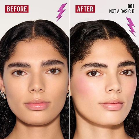 Image 1 - A before and after image of a womans face, with the left side showing her natural complexion and the right side showing her with pink blush on her cheeks and glossy lips; the visible text reads BEFORE, AFTER, 001 NOT A BASIC B. Image 2 - A black leather cowboy boot with white stitching behind multiple Rimmel Multi-Tasker Turbocharged Glow liquid illuminator tubes in various shades, including bronze and pink, displayed on a textured red surface with the text TURBOCHARGED COLLECTION AVAILABLE IN BLUSHES, BRONZERS AND HIGHLIGHTERS FOR YOUR BEST GLOW EVER. Image 3 - Three arms with dark, light, and medium-tan skin tones display eight horizontal swatches of shimmery cosmetic shades ranging from pink to bronze against a denim background with a glittery gold lightning bolt on the right, and the image includes the text 8 GLOWY SHADES, 001 NOT A BASIC B, 020 ROSIE REBEL, 040 CHELSEA GLOW, 050 ICONIC AS USUAL, 060 ITS GIVING GLOW, 070 SPILLING THE TEA, 080 ITS GIVING BRONZE, 090 BOUGIE GIRL. Image 4 - A woman with glowing skin and long braided hair is shown next to pink, light beige, and red product swatches, accompanied by the text Instantly Illuminates Your Skin, Healthy Glow That Lasts All Day, and Fragrance-Free. Image 5 - The image shows three Rimmel Multi Tasker Turbocharged Glow Liquid Illuminator tubes with bronze-gold caps and clear bases displaying different shades of product, standing on a sparkling surface covered in rhinestones; visible text includes VITAMINS C+E, LIGHT REFLECTING PEARL PIGMENTS, RIMMEL LONDON, MULTI TASKER TURBOCHARGED GLOW, LIQUID ILLUMINATOR, ILLUMINATEUR LIQUIDE, and 10 mL (0.33 FL. OZ.). Image 6 - A woman with dark hair, wearing a beige cowboy hat and large sparkly earrings, applies a shimmery blush or highlighter to her cheek with a makeup wand, alongside text that says TURBO GLOW WAND FOR AN ULTRA BLENDABLE, SMOOTH TEXTURE AND SEAMLESS APPLICATION.