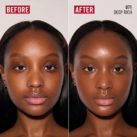 Image 1 - A split image shows a person with dark skin before and after applying a product, with the left side labeled BEFORE and the right side labeled AFTER 071 DEEP RICH, demonstrating enhanced skin radiance and evenness on the after side. Image 2 - A woman with dark hair and glowing makeup wears sparkly hoop earrings, with text Rimmel London 3 IN 1 USE: MULTI-TASKER PRIMES. HIGHLIGHTS. BOOSTS GLOW. FOR REAL-LIFE FILTER EFFECT. Image 3 - The image features four panels each showing a blonde woman modeling a different way to use a cosmetic product: top left shows her with a healthy glow and the text USE ALONE FOR HEALTHY, NATURAL GLOW; top right shows her with a tinted glow and the text WEAR UNDER MAKEUP AS A TINTED, GLOWING PRIMER; bottom left shows her face with visible product streaks for mixing and the text MIX WITH SKINCARE OR FOUNDATION TO REVEAL MORE RADIANT FINISH; bottom right shows her with a highlighted finish and the text WEAR OVER YOUR BASE AS A HIGHLIGHTER. Image 4 - A cosmetic applicator wand with a doe-foot tip rests on swatches of shimmery liquid foundation or illuminator in shades of beige and peach, against a skin-toned background. 96% AGREE IT INSTANTLY ILLUMINATES SKIN BLURS THE APPEARANCE OF IMPERFECTIONS & SMOOTHS SKIN CLINICALLY SHOWN TO REDUCE THE LOOK OF FINE LINES AND IMPROVES SKINS FIRMNESS SOURCE: INTERNAL CONSUMER STUDY Image 5 - A smiling woman has a makeup wand applying foundation to her cheek, with text overlayed that reads GIANT SOFT-TOUCHED WAND FOR EASY APPLICATION and BETTER-LOOKING SKIN IN JUST 4 WEEKS. Image 6 - A grid displays six women showcasing different foundation shades labeled 000 PORCELAIN, 001 FAIR, 002 FAIR TO LIGHT, 003 LIGHT, 004 LIGHT TO MEDIUM, and 005 MEDIUM, alongside a red panel stating 12 SKIN-ADAPTING SHADES. Image 7 - A grid displays six different models showcasing various foundation shades, labeled 006 MEDIUM TO DEEP, 061 TAN, 007 DEEP, 071 DEEP RICH, 008 RICH, and 009 RICH INTENSE, along with the text 12 SKIN-ADAPTING SHADES.