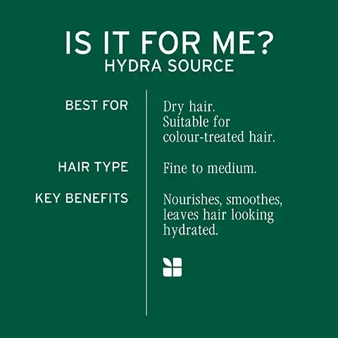 Image 1 - A green graphic displays text about the Hydra Source product, listing details under the headings IS IT FOR ME? HYDRA SOURCE, BEST FOR: Dry hair. Suitable for colour-treated hair., HAIR TYPE: Fine to medium., and KEY BENEFITS: Nourishes, smoothes, leaves hair looking hydrated., with a small white logo at the bottom right. Image 2 - An image on a green background shows text that reads IS IT FOR ME? ALL-IN-ONE BEST FOR All hair types. Suitable for colour-treated hair. HAIR TYPE Medium to thick. KEY BENEFITS Weightlessly nourishes, detangles, smooths frizz and flyaways, absorbs quickly, adds shine, softness and control. Image 3 - Hair before and after use of product, showing smoother hair becoming wavier and fuller, with the text BEFORE / AFTER and *After one use of Hydra Source Shampoo & Conditioning Balm. Image 4 - Close-up of wet, curly hair with highlights with text reading WEIGHTLESS CONDITIONING & NOURISHMENT. Image 5 - Pamela Anderson with blonde hair and a white shirt smiles at the camera, posing with three white Biolage Hydra Source hair products on her right, against a light grey background, next to a purple square logo with a green leaf, and includes text: + PAMELA ANDERSON FOR BIOLAGE HYDRA SOURCE UP TO 4X SOFTER HAIR AFTER ONE USE* *Shampoo and Conditioning Balm vs. non-conditioning shampoo on sensitised hair, on the shampoo bottle: BIOLAGE PROFESSIONAL HAIR SPA HYDRA SOURCE SHAMPOO SHAMPOOING HYDRATION CONCENTRATE with aloe + hyaluronic acid 6 micrograms per 100ml CONCENTRÉ DHYDRATATION à laloès + acide hyaluronique 6 microgrammes per 100ml DRY HAIR CHEVEUX SECS 13.5 FL. OZ. 400 ml e, on the conditioning balm tube: BIOLAGE PROFESSIONAL HAIR SPA HYDRA SOURCE CONDITIONING BALM BAUME REVITALISANT HYDRATION CONCENTRATE with aloe + hyaluronic acid 6 micrograms per 100ml CONCENTRÉ DHYDRATATION à laloès + acide hyaluronique 6 microgrammes par 100ml DRY HAIR CHEVEUX SECS 8.0 FL. OZ. 236 ml e, and on the deep treatment mask pouch: BIOLAGE PROFESSIONAL HAIR SPA HYDRA SOURCE DEEP TREATMENT MASK MASQUE DE SOIN PROFOND HYDRATION CONCENTRATE with aloe + hyaluronic acid 3 micrograms per 100ml CONCENTRÉ DHYDRATATION à laloès + acide hyaluronique 3 microgrammes par 100ml DRY HAIR CHEVEUX SECS 3.3 FL. OZ. 100 ml e