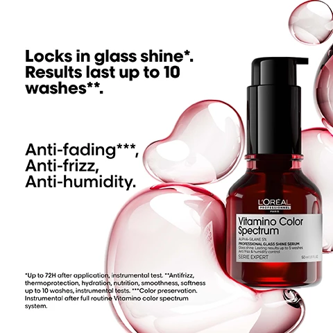 Image 1 - An image shows a LOréal Vitamino Color Spectrum serum bottle with abstract red liquid shapes on a white background with text that says Locks in glass shine*. Results last up to 10 washes**. Anti-fading***, Anti-frizz, Anti-humidity. and on the bottle label LORÉAL PROFESSIONNEL PARIS Vitamino Color Spectrum ALPHA-SILANE 5% PROFESSIONAL GLASS SHINE SERUM Glass shine. Lasting results up to 5 washes Anti frizz & humidity control SERIE EXPERT 50 ml 1.6 FL.OZ and small text *Up to 72H after application, instrumental test. **Antifrizz, thermoprotection, hydration, nutrition, smoothness, softness up to 10 washes, instrumental tests. ***Color preservation. Instrumental after full routine Vitamino color spectrum system. Image 2 - Before and after image shows long pink hair, with the left side (Before) appearing less vibrant and slightly frizzy, and the right side (After) appearing more vibrant and smooth, including close-up views of the hair texture and three bottles of LOreal PROFESSIONNEL Paris Vitamino Color Spectrum products at the bottom, with the text Before After LOreal PROFESSIONNEL Paris Vitamino Color Spectrum Not retouched. Image 3 - A before and after image shows curly hair becoming more defined after treatment with text labels Before and After, product bottles including LOREAL PROFESSIONNEL PARIS Vitamino Color Spectrum SERIE EXPERT, and Not retouched. Image 4 - A split image shows dark red hair before and after treatment with zoomed-in views and three product bottles, with the text Before After Not retouched LOreal Professionnel Paris Vitamino Color Spectrum PROFESSIONAL SHAMPOO PROFESSIONAL DEEP CONDITIONER PROFESSIONAL ACIDIC SEALER. Image 5 - A LOreal Professionnel Vitamino Color Spectrum serum bottle is shown surrounded by lemons, rose petals, and amber pieces, with the text The fragrance., Citrus notes., Rose notes., Amber notes., and product label details LOREAL PROFESSIONNEL PARIS Vitamino Color Spectrum ALPHA-SILANE 5% PROFESSIONAL GLASS SHINE SERUM Glass shine. Lasting results up to 5 washes Anti frizz & humidity control SERIE EXPERT 50 ml 1.6 FL.OZ. Image 6 - Abstract iridescent shape with text Inside the fiber. Protective layer activated by heat. THE TECH 5%Alpha-silane Locks in glass shine*. *Up to 72H after application, instrumental test. Image 7 - Hand holding liquid with text instructions: Divide the hair into 2 sections. Apply 1 to 2 pumps per section and up to 4 pumps for thick, coarse hair. Image 8 - The image shows a bottle of LOréal Professionnel Paris Vitamino Color Spectrum serum surrounded by liquid shapes and text promoting product features and claims including Our commitment, Sulfite-free¹, Vegan, No rinse, and Made in a factory that has reached 100% renewable energy². The bottle label reads LOréal Professionnel Paris Vitamino Color Spectrum ALPHA-SILANE 5% PROFESSIONAL GLASS SHINE SERUM Gloss shine. Lasting results up to 5 washes Anti frizz & humidity control SERIE EXPERT 50 ml 1.6 FL.OZ. and there are footnotes ¹ To be verified in each country as cant make this claim in certain countries. ² At the end of XXXX, excluding safety and security installations. Find more information on Registration Document. Image 9 - Back view of a person with curly light brown hair next to the text I finally found the best serum to have instant shine. and five black stars followed by @emma. Image 10 - A demonstration shows two hands holding hair strands over beakers, the left with dark pink liquid and text Without Vitamino Color Spectrum, and the right with light pink liquid and text With Vitamino Color Spectrum, illustrating an Anti-fading test where Results last up to 10 washes*, with text *Color preservation. Instrumental after full routine Vitamino Color Spectrum system.