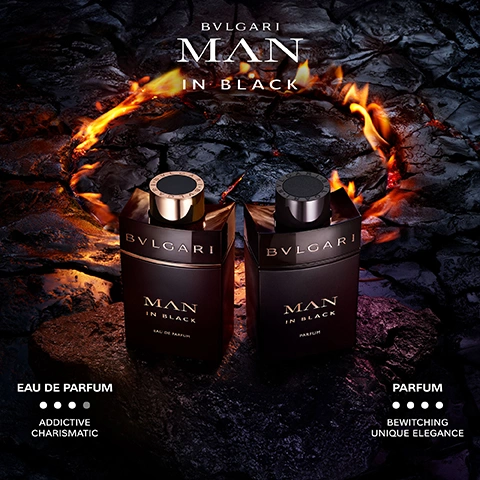 Image 3 - Two dark square perfume bottles, one with a rose gold cap and one with a dark silver cap, are displayed on a dark cracked surface surrounded by glowing embers and flames, with text BVLGARI MAN IN BLACK, BVLGARI MAN IN BLACK EAU DE PARFUM, BVLGARI MAN IN BLACK PARFUM, EAU DE PARFUM ADDICTIVE CHARISMATIC, and PARFUM BEWITCHING UNIQUE ELEGANCE. Image 4 - A dark, moody image featuring purple iris flowers and light pinkish-white flower buds, with some black liquid or resin covering parts of the flowers, against a dark magenta background, with text that reads BVLGARI MAN IN BLACK PARFUM, ELEMI ESSENCE, IRIS ESSENCE, DARK WOOD ACCORD. Image 5 - A split image displays four Bvlgari Man fragrances, each in a unique setting and color scheme, with visible text THE CIRCLE OF NATURE, ADDITIVE CHARISMATIC BVLGARI MAN IN BLACK EAU DE PARFUM AMBERY SPICY, BEWITCHING UNIQUE ELEGANCE BVLGARI MAN IN BLACK PARFUM AMBERY WOODY, MINERAL AWAKENING BVLGARI MAN RAIN ESSENCE EAU DE PARFUM FRESH WOODY MUSK, VITAL LUMINOUS BVLGARI MAN WOOD ESSENCE EAU DE PARFUM WOODY AROMATIC.