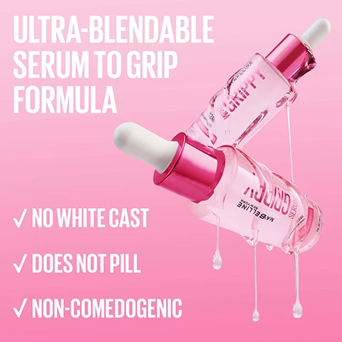 Image 1 - The image displays two clear serum bottles with pink droppers, tilted on a pink background with product dripping, featuring prominent text that reads ULTRA-BLENDABLE SERUM TO GRIP FORMULA, NO WHITE CAST, DOES NOT PILL, NON-COMEDOGENIC, and bottle label text GRIPPY SERUM MAYBELLINE NEW YORK 24HR Niacinamide + Vitamin C. Image 2 - Three close-up panels show a person applying a clear serum to their cheek with a dropper, then blending it, followed by foundation on top, with pink banners visible in the background and foreground reading GRIPPY repeatedly, and instructions below stating 1 DRIP Easy-to-use serum dropper, 2 GLIDE Blend evenly & let dry for 20s, 3 GRIP Apply makeup for up to 24h grip. Image 3 - A split image shows an eye with natural eyelashes labelled Before at the bottom and the same eye with significantly more voluminous eyelashes labelled Bubble at the top, illustrating a mascara effect, accompanied by the text INFLATE 100% OF LASHES. Image 4 - A promotional image on a light pink background shows a clear tube and an open tube of Maybelline Glaze Glow Balm, both placed on a stack of its swatches in various shades, with text Glazed, Glowy Color and Up to 24H Hydration visible.