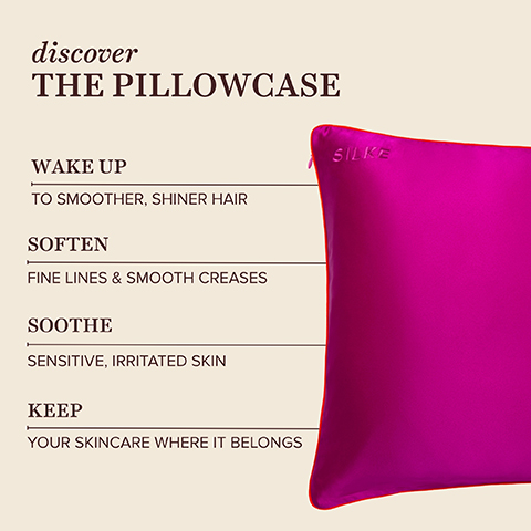 A vibrant magenta silk pillowcase with orange trim is displayed on a beige background, alongside text that reads discover THE PILLOWCASE, WAKE UP TO SMOOTHER, SHINER HAIR, SOFTEN FINE LINES & SMOOTH CREASES, SOOTHE SENSITIVE, IRRITATED SKIN, KEEP YOUR SKINCARE WHERE IT BELONGS, and the word SILKE is visible on the pillowcase.