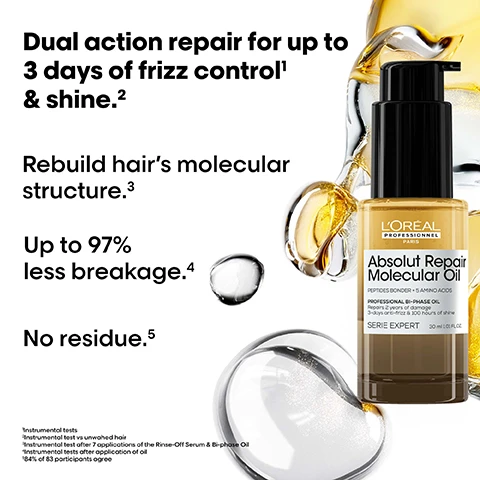 Image 2 - The image shows a LOréal Professionnel Absolut Repair Molecular Oil bottle with a black pump, set against a white background with abstract golden and clear liquid swirls and drops, with visible text reading Dual action repair for up to 3 days of frizz control¹ & shine.² Rebuild hairs molecular structure.³ Up to 97% less breakage.⁴ No residue.⁵, and on the bottle LORÉAL PROFESSIONNEL PARIS Absolut Repair Molecular Oil PEPTIDES BONDER + 5 AMINO ACIDS PROFESSIONAL BI-PHASE OIL Repairs 2 years of damage 3-days anti-frizz & 100 hours of shine SERIE EXPERT 30 ml 1.01 FL.OZ., followed by footnotes ¹Instrumental tests, ²Instrumental test vs unwashed hair, ³Instrumental test after 7 applications of the Rinse-Off Serum & Bi-phase Oil, ⁴Instrumental tests after application of oil, and ⁵84% of 83 participants agree. Image 3 - A multi-panel image shows three before-and-after hair transformations for women seen from the back, each with a split image showing the left side as Before (dull, frizzy, or undefined) and the right side as After (smooth, shiny, and defined), including straight dark hair, wavy light brown hair, and curly dark brown hair, all featuring magnified insets of hair texture, and in the lower right, three LOréal Professionnel Paris Absolut Repair Molecular products are displayed: a shampoo, a mask, and an oil, with visible text that reads Before After Not retouched. Absolut Repair Molecular. Repair & shine routine. LORÉAL PROFESSIONNEL PARIS Absolut Repair Molecular PEPTIDES BONDER + 5 AMINO ACIDS SHAMPOOING PROFESSIONNEL PROFESSIONAL SHAMPOO MASQUE PROFESSIONNEL PROFESSIONAL MASK Absolut Repair Molecular Oil SERIE EXPERT. Image 5 - A white LOréal Metal Detox shampoo bottle with a black cap is partially submerged in white foam on a white background, accompanied by text that reads: Prevent hair breakage & colour fade from hard water, Daily detoxify your hair, Sulfate-free shampoo, Up to +87% less hair breakage¹, LORÉAL PROFESSIONNEL PARIS, Metal Detox, GLICOAMINE + IONÈNE, SHAMPOOING PROFESSIONNEL Crème lavante anti-métal Empêche la casse & la couleur de virer, PROFESSIONAL SHAMPOO Anti-metal cleansing cream Prevents breakage & color shift, SERIE EXPERT 100 ml 3.4 FL.OZ., and a circular logo stating EXCLUSIVE TECHNOLOGY, with a footnote reading ¹ Instrumental test on Metal Detox shampoo and mask vs unwashed hair. Image 6 - The image displays three before and after comparisons of different hair types (straight brown, wavy reddish-orange, and curly dark brown) showing improved shine and definition, alongside four LOréal Professionnel Metal Detox hair products, with the visible text Before, After, The full Metal Detox routine for breakage and colour fade protection, and Not retouched. Image 7 - A transparent, iridescent orb encapsulates crumpled bronze-colored material against a black background, with the text THE TECH Glicoamine Traps and neutralises metal inside the fibre and Inside the fibre. It removes metal particles from hair.