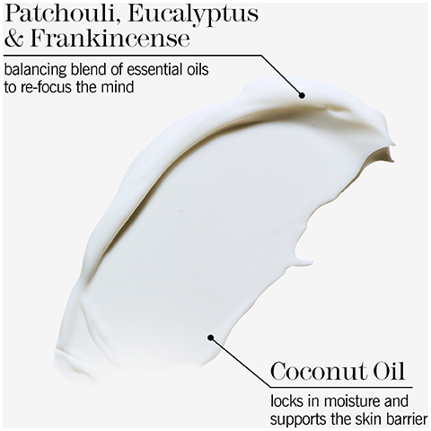 A smear of white cream labeled Patchouli, Eucalyptus & Frankincense balancing blend of essential oils to re-focus the mind and Coconut Oil locks in moisture and supports the skin barrier.