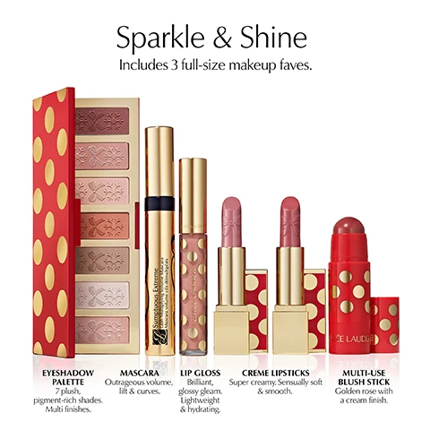 Image 5 - A festive collection of Estee Lauder makeup products, including an eyeshadow palette in a red and gold polka dot case with snowflake-imprinted shades, a gold mascara tube, a red and gold polka dot lip gloss, two gold and red lipsticks with bow details, and a red and gold polka dot multi-use blush stick, with visible text reading Sparkle & Shine. Includes 3 full-size makeup faves. EYESHADOW PALETTE 7 plush, pigment-rich shades. Multi finishes. Sumptuous Extreme Lash Multiplying Volume Mascara. Mascara volume cils démultipliés. MASCARA Outrageous volume, lift & curves. ESTEE LAUDER. LIP GLOSS Brilliant, glossy gleam. Lightweight & hydrating. CREME LIPSTICKS Super creamy. Sensually soft & smooth. ESTEE LAUDER. MULTI-USE BLUSH STICK Golden rose with a cream finish. Image 6 - The image displays five Estée Lauder skincare products: a brown and white cleanser tube, a brown dropper bottle of serum, a brown jar of eye gel-creme, a gold jar of moisturizer, and a gold tube of hand creme, with the text Ready, Set, Glow Includes 2 full-size skincare faves. The products are labeled: ESTÉE LAUDER Advanced Night Cleansing Gelée with 15 Amino Acids Gelée nettoyante CLEANSER Cleanse, renew, balance; ESTÉE LAUDER Advanced Night Repair Synchronized Multi-Recovery Complex Complexe multi-réparation synchronisée FULL-SIZE SERUM Firm, renew, wake up beautiful; ESTÉE LAUDER Advanced Night Repair Eye Supercharged Gel-Creme Synchronized Multi-Recovery FULL-SIZE EYE GEL-CREME Brighten, reduce the look of lines; ESTÉE LAUDER Revitalizing Supreme+ Youth Power Creme Crème révélatrice de jeunesse MOISTURIZER Firm, lift, deeply hydrate; and Re-Nutriv ESTÉE LAUDER Intensive Smoothing Hand Creme Crème mains lissante confort intense HAND CREME Comfort and smooth. Image 7 - The image shows two close-up views of lips with different lip colors: the left features a glossy reddish-pink lipstick, and the right displays a glossy dusty rose lipstick, accompanied by the text Limited Edition Lipcolor, Velvet Ribbon Creme Lipstick, and Rosy Ribbon Creme Lipstick.