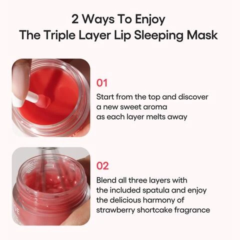 Image 1 - An image featuring two close-up photos of a red lip sleeping mask in a clear jar; the top photo shows a white spatula scooping the top layer, and the bottom photo shows the layers being blended with a spatula, with the overlaying text 2 Ways To Enjoy The Triple Layer Lip Sleeping Mask 01 Start from the top and discover a new sweet aroma as each layer melts away 02 Blend all three layers with the included spatula and enjoy the delicious harmony of strawberry shortcake fragrance. Image 2 - A pink Laneige Lip Sleeping Mask jar is centered on a light pink background, surrounded by swatches of red, pink, and cream product, with the jar labeled LANEIGE LIP SLEEPING MASK MASQUE DE NUIT POUR LES LÈVRES STRAWBERRY SHORTCAKE GÂTEAU À LA FRAISE Net wt. 0.70 oz. / Poids net 20 g and three red buttons to the right reading HYDRATE, NOURISH, SOFTEN. Image 3 - Image showing three lip sleeping mask options represented by colored squares and corresponding product textures on applicators: Fresh Berry in red, Strawberry Cream in pink, and Vanilla Cake in yellow, along with the text Your Favourite Lip Sleeping Mask Now triple-layered with 3 new flavours! TOP Fresh Berry MIDDLE Strawberry Cream BOTTOM Vanilla Cake. Image 4 - A pink Laneige Lip Sleeping Mask jar is prominently displayed on top of a multi-layered strawberry shortcake, adorned with pink whipped cream and sliced strawberries, with text reading 3 FLAVORS IN 1 JAR FOR DELIGHTFUL 8-HR HYDRATION, and text on the jar stating LANEIGE LIP SLEEPING MASK MASQUE DE NUIT POUR LES LÈVRES STRAWBERRY SHORTCAKE GATEAU À LA FRAISE .70 oz. / Poids net 20 g, and text at the bottom LANEIGE LIP SLEEPING MASK.