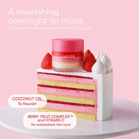 Image 1 - A pink and red LANEIGE Lip Sleeping Mask Strawberry Shortcake jar rests on a slice of layered strawberry shortcake topped with fresh strawberries and white cream, with surrounding text that states A nourishing overnight lip mask that gently exfoliates and softens while you sleep, LANEIGE LIP SLEEPING MASK MASQUE DE NUIT POUR LES LÈVRES STRAWBERRY SHORTCAKE GÂTEAU À LA FRAISE Net wt. 0.70 oz. / Poids net 20 g, COCONUT OIL To Nourish, and BERRY FRUIT COMPLEX and VITAMIN C for antioxidant-rich care. Image 2 - A pink Laneige Lip Sleeping Mask jar is centered on a light pink background, surrounded by swatches of red, pink, and cream product, with the jar labeled LANEIGE LIP SLEEPING MASK MASQUE DE NUIT POUR LES LÈVRES STRAWBERRY SHORTCAKE GÂTEAU À LA FRAISE Net wt. 0.70 oz. / Poids net 20 g and three red buttons to the right reading HYDRATE, NOURISH, SOFTEN. Image 3 - Image showing three lip sleeping mask options represented by colored squares and corresponding product textures on applicators: Fresh Berry in red, Strawberry Cream in pink, and Vanilla Cake in yellow, along with the text Your Favourite Lip Sleeping Mask Now triple-layered with 3 new flavours! TOP Fresh Berry MIDDLE Strawberry Cream BOTTOM Vanilla Cake. Image 4 - A pink Laneige Lip Sleeping Mask jar is prominently displayed on top of a multi-layered strawberry shortcake, adorned with pink whipped cream and sliced strawberries, with text reading 3 FLAVORS IN 1 JAR FOR DELIGHTFUL 8-HR HYDRATION, and text on the jar stating LANEIGE LIP SLEEPING MASK MASQUE DE NUIT POUR LES LÈVRES STRAWBERRY SHORTCAKE GATEAU À LA FRAISE .70 oz. / Poids net 20 g, and text at the bottom LANEIGE LIP SLEEPING MASK.