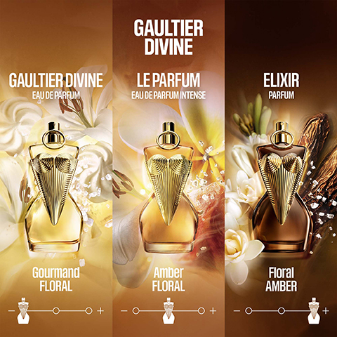 Three perfume bottles, each shaped like a golden female torso with a ribbed bodice, are displayed side-by-side, showcasing variations with progressively darker amber liquids and distinct floral or spice backgrounds, with visible text GAULTIER DIVINE EAU DE PARFUM Gourmand FLORAL, GAULTIER DIVINE LE PARFUM EAU DE PARFUM INTENSE Amber FLORAL, ELIXIR PARFUM Floral AMBER.