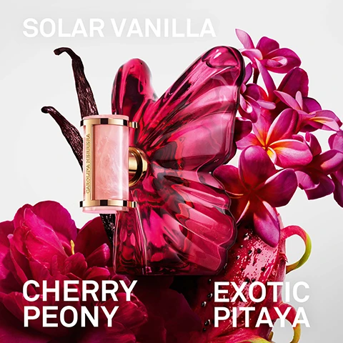 image 1- A pink butterfly-shaped perfume bottle with a small rectangular applicator, accompanied by vanilla beans, pink peonies, plumeria flowers, and a cut dragon fruit, with the text SOLAR VANILLA, CAROLINA HERRERA, CHERRY PEONY, EXOTIC PITAYA. Image 2- Three fuchsia butterfly-shaped perfume bottles with gold and light pink details float on a white background, next to the text LA BOMBA CAROLINA HERRERA, EAU DE PARFUM, a five-star rating, and a testimonial that reads EVERY TIME I WEAR IT, I GET COMPLIMENTS, AND IT LASTS BEAUTIFULLY ALL DAY AND INTO THE NIGHT. THIS PERFUME TRULY REIGNITED MY PASSION FOR FRAGRANCE. -ANGELA.