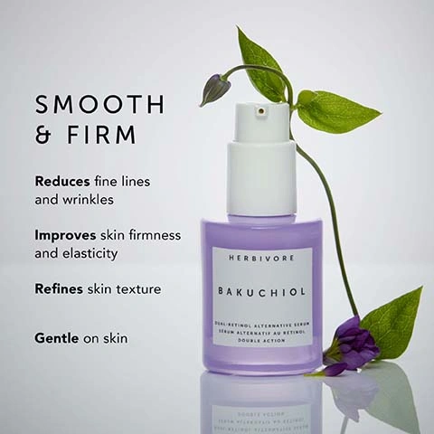 Image 2 - A light purple Herbivore Bakuchiol serum bottle with a white pump dispenser is displayed with a green plant stem and purple flower, alongside text that reads SMOOTH & FIRM, Reduces fine lines and wrinkles, Improves skin firmness and elasticity, Refines skin texture, Gentle on skin, and on the bottle, DUAL-RETINOL ALTERNATIVE SERUM, SERUM ALTERNATIF AU RETINOL, DOUBLE ACTION. Image 3 - A light purple liquid drips onto a green leaf, with text on the left describing product ingredients and benefits. Visible text: POWERED BY PLANTS TWO FORMS OF BAKUCHIOL Helps gently even skin tone CHIOS MASTIC TREE RESIN Helps increase skin elasticity and density.