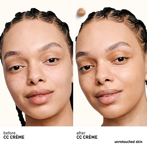 Image 1 - A split image of a womans face shows her natural skin with freckles and uneven tone on the left, labeled before CC CREME, and on the right, her skin with more even tone after applying product, labeled after CC CREME, with a small circular swatch labeled DORE and text unretouched skin. Image 2 - A person with freckles applies a white cream to their cheek, with text describing the product benefits: NATURAL, LUMINOUS FINISH, LIGHT COVERAGE, EVENS SKIN TONE, IMPROVES SKIN TEXTURE, 24-HOUR HYDRATION, SPF 30. Image 3 - A white tube of Erborian CC Crème SPF 30 Dore is displayed on a pink background, surrounded by white spheres and transparent bubbles containing green leaves of Centella Asiatica, with additional text that reads 2% CENTELLA ASIATICA SOOTHES & HYDRATES, VEGAN FORMULA, NEW SPF 30, and NEW HYALURONIC ACID HYDRATES & PLUMPS. Image 4 - A white tube of Erborian CC Crème is angled on a peach abstract shape with several white and peach spheres in the background, displaying the text Erborian Korean Skin Therapy CC Crème Soin Correcteur Teint Bonne Mine et Éclat Colour-Correcting Cream Healthy-Glow Effect Centella + Acide Hyaluronique SPF 30 Clair 45 ML - NET WT 1.5 OZ. and accompanying marketing text Formulated with encapsulated pigments that burst when blended into skin. Image 5 - Two Erborian CC Crème tubes in different sizes are displayed with abstract shapes on a peach background, showing text Erborian Korean Skin Therapy, CC Crème, Soin Correcteur Teint Bonne Mine et Éclat, Colour-Correcting Cream Healthy-Glow Effect, Centella + Acide Hyaluronique, SPF 30, Doré, and further text Available in 2 Sizes, 40 ML, 15 ML. Image 6 - Two white Erborian CC Crème tubes are displayed side-by-side on a pink background, with the left tube labeled ORIGINAL and the right tube labeled NEW, accompanied by the headline FORMULA BOOSTED WITH ACTIVE SKINCARE INGREDIENTS, comparison points SAME TEXTURE SAME COVERAGE MORE ACTIVE INGREDIENTS RECYCLABLE TUBE, and detailed product text on the original tube reading erborian KOREAN SKIN THERAPY PARIS SEOUL CC CRÈME À LA CENTELLA ASIATICA SOIN ILLUMINATEUR DU VISAGE HAUTE DÉFINITION HIGH DEFINITION RADIANCE FACE CREAM SKIN PERFECTOR BROAD SPECTRUM SPF 25 SUNSCREEN DORÉ 45 ML - NET WT. 1.5 OZ., and on the new tube reading erborian KOREAN SKIN THERAPY PARIS SEOUL CC CRÈME SOIN CORRECTEUR TEINTÉ BONNE MINE ET ÉCLAT COLOUR-CORRECTING CREAM HEALTHY-GLOW EFFECT CENTELLA + ACIDE HYALURONIQUE SPF 30 DORÉ 45 ML - NET WT. 1.5 OZ. Image 7 - A grid of 18 diverse people showcasing various skin tones for foundation shades, with six round product swatches labeled below, accompanied by text reading CC CRÈME unretouched PORCELAIN CLAIR DORÉ CARAMEL DEEP RICH.