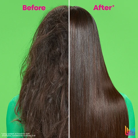 Image 2 - A before and after image showing long dark hair on a green background, with the left side frizzy and dull labeled Before, and the right side smooth and shiny labeled After, with fine print stating using system of Food For Soft shampoo, conditioner or mask & oil. Image 3 - A clear green dropper bottle of Matrix Food For Soft multi-use hair oil serum lies on a vibrant green surface with some liquid spilled, and features text including Food For Soft, matrix, 1.7 FL. OZ. / 50ml, Avocado Oil/Huile dAvocat, multi-use hair oil serum, Heat Protection, Up To 7x More Moisture*, For All Dry Hair, and *instrumental wet combing test using system of Food For Soft shampoo, conditioner or mask & oil vs. non-conditioning shampoo. Image 4 - Four green Matrix Food For Soft haircare products, including a shampoo bottle, conditioner bottle, treatment mask jar, and multi-use hair oil serum dropper bottle, are arranged on a vibrant green background, with visible text including Food For Soft Hydrating Haircare System, the steps Cleanse, Hydrate, Treat, Seal, and for each product: matrix Food For Soft Hydrating Shampoo for dry, brittle hair 10.1 FL. OZ. / 300 ML Hydrating Shampoo; matrix Food For Soft Detangling Conditioner for dry, brittle hair 10.1 FL. OZ. / 300 ML Detangling Conditioner; matrix Food For Soft Rich Hydrating Treatment Mask for dry, brittle hair 16.9 FL. OZ. / 500 ML Rich Hydrating Treatment Mask; and matrix Food For Soft Multi-Use Hair Oil Serum 1.7 FL. OZ. / 50 ML Multi-Use Hair Oil Serum.