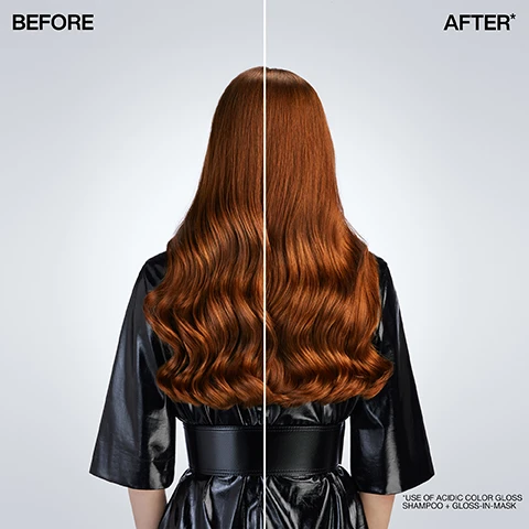 Image 2 - A womans hair is shown from the back, split vertically into a before and after comparison, with the left side displaying reddish-brown hair and the right side showing more vibrant, glossy reddish-brown hair, with the visible text BEFORE, AFTER*, and *USE OF ACIDIC COLOR GLOSS SHAMPOO + GLOSS-IN-MASK. Image 3 - A womans long, dark hair is shown in a split image, with the left side labeled BEFORE showing duller hair, and the right side labeled AFTER* showing significantly shinier and smoother hair, with the text *USE OF ACIDIC COLOR GLOSS SHAMPOO + GLOSS-IN-MASK at the bottom right. Image 4 - An image shows a person from behind with long, wavy, reddish-brown hair holding a black Redken tube product, with text on the left stating UP TO 92% MORE SHINE*, UP TO 4X MORE NOURISHMENT*, UP TO 73% LESS BUILD UP*. The product tube shows the brand REDKEN, acidic color gloss, gloss up treatment masque gloss, pH 2.5-3.1, ADVANCED pH TECHNOLOGY, and e 250 ml / 8.5 fl oz, with smaller text REDKEN LABS 403, 11.469.222, and INSTRUMENTAL TEST SHAMPOO + MASK VERSUS NON-CONDITIONING SHAMPOO. Image 5 - A persons hand pours a thick white product from a black bottle into an open palm, with text on the left stating HIGH SHINE OF A GLOSS INTENSE NOURISHMENT OF A MASK, and text on the bottle displaying pH 2.5-3.1, 8.45 fl oz 250 ml. Image 6 - A persons back is shown with wet, reddish-brown hair braided down their back, alongside the text REDKEN LABS 430 ► RED 5502 >> LEAVE ON FOR 1-MIN & RINSE Weekly, use in place of conditioner. Image 7 - An abstract image showing swirls of white cream on a light gray background with black text that reads FORMULATED WITH ULTRA-ACIDIC VINEGAR + 2.7pH GLYCERIN & FATTY ACIDS LOCKS IN SHINE + CONDITIONS.