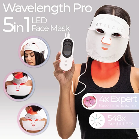 Image 1 - A woman wears a white STYLPRO LED face mask with red light glowing on her neck, holding a white controller, while inset circular images show the Wavelength Pro 5in1 LED Face Mask being worn on the head, neck, and back, with additional text reading 4x Expert Recommended nm and 548x Bright LEDs. Image 2 - A composite image shows a woman from the front and another from the back, both wearing a white STYLPRO LED light therapy device on their neck and upper chest and back, which emits a red glow, alongside text that reads Neck, Chest & Back, Full Coverage, True Radiance, 4x Modes, Red (633nm), Blue (415nm), Near Infrared (830nm), and Helps boost collagen production & skin health around the neck, upper chest shoulders & back. Image 3 - A woman with dark hair wears a white STYLPRO red light therapy mask on her head, which glows red, while holding its white STYLPRO controller, with text that reads Haircare Mask Hair & Scalp, and 655nm & 633nm Red Light helps promotes a healthy scalp to support hair health. Image 4 - A split image on a pink background demonstrates two light management technologies: the top left shows clear domed lenses, and the bottom right features silver reflective elements, with accompanying text that reads Patent Pending, Technology, Meniscus Lens Improved Dispersion, Silver Reflective Light Enhancing, and a circular badge stating Patent Pending. Image 5 - A white LED light therapy face mask with glowing pink and purple lights is positioned on a white surface with a grey strap visible, while a hand presses a button on its connected white STYLPRO controller, and text overlays read Dynamic Zonal LEDs Targeting Facial Patterns, T-zone Coverage, and Lip & Nose Coverage. Image 6 - A Stylpro beauty device and its capabilities are presented, with visible text that reads Five Focus Areas, One Powerful Device, STYLPRO Face 8 Minutes Anti-ageing Target Flare Active Maintain Recover Balance, STYLPRO Neck Chest & Back 12 Minutes Neck Anti-age Neck Target Neck Recov Neck Balan, STYLPRO Hair 15 Minutes Hair Care, 11x Different Modes, Up to 12x Uses per charge, Anti-ageing Red (633nm) light helps reduce finelines & wrinkles. Also promote the production of collagen, Target Combines Blue (415nm) light for a clearer, smoother complexion. Aslo suitable for people with blemish prone skin, Recovery Helps maximise NIR (830nm) energy delivery to the skin, Balance Offers a well rounded approach for enhanced skin balace transitioning between red, blue and near-infrared light, and Hair Care Helps to promote a healthy scalp to support hair health. Using a combination of NIR (655nm) & red (633nm).