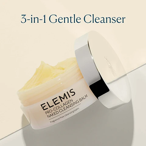 Image 1 - An open jar of Elemis Pro-Collagen Naked Cleansing Balm with its silver lid resting beside it, revealing the yellow product inside, with visible text reading 3-in-1 Gentle Cleanser, ELEMIS PRO-COLLAGEN NAKED CLEANSING BALM, Fragrance free cleansing balm. Image 2 - A close-up of a yellow, viscous liquid background displays two statistics: 100% Agreed this product helped deeply cleanse without over-drying skin, and 98% Agreed this product quickly and easily removes makeup, daily grime and visible pollutants, with a footnote stating Independent User Trial 2020. Results based on 60 people over 2 weeks. Image 3 - A smiling woman with closed eyes and product on her face is shown alongside text that reads 3-in-1 Transformative Texture Melts away makeup as a balm Nourishes as a cleansing oil Hydrates as a milk. Image 4 - An image illustrating three ingredients and their skin benefits, featuring close-ups of oil droplets alongside Optimega™ Oil Smooths and replenishes skin, blueberries next to Elderberry Oil Helps give skin radiant glow, and a marine plant with Padina Pavonica Supports hydration. Image 5 - The image displays three Elemis Pro-Collagan Cleansing Balms: a pink tub labelled Rose Infused with text ELEMIS PRO-COLLAGEN ROSE CLEANSING BALM Super cleansing treatment balm, a white tub labelled Fragrance-Free with text ELEMIS PRO-COLLAGEN NAKED CLEANSING BALM Fragrance-free cleansing balm, and a gold tub labelled Original with text ELEMIS PRO-COLLAGEN CLEANSING BALM, all presented under the headline Discover Our Aromatics.