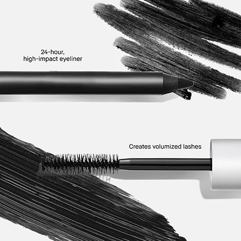 Image 1 - A black eyeliner pencil and mascara wand are displayed with corresponding black cosmetic swatches and text reading 24-hour, high-impact eyeliner and Creates volumized lashes. Image 2 - Bobbi Brown Kajal Liner and Mascara Duo gift set, including a box, two silver mascara tubes, and a black eyeliner pencil, arranged on a shiny gold surface with a red ribbon and a red polka dot Christmas ornament, with text Enhances your eyes easily and quickly, Bobbi Brown Kajal Liner & Mascara Duo Duo Eye-Liner Kajal et Mascara, Bobbi Brown, Bobbi Brown Black.