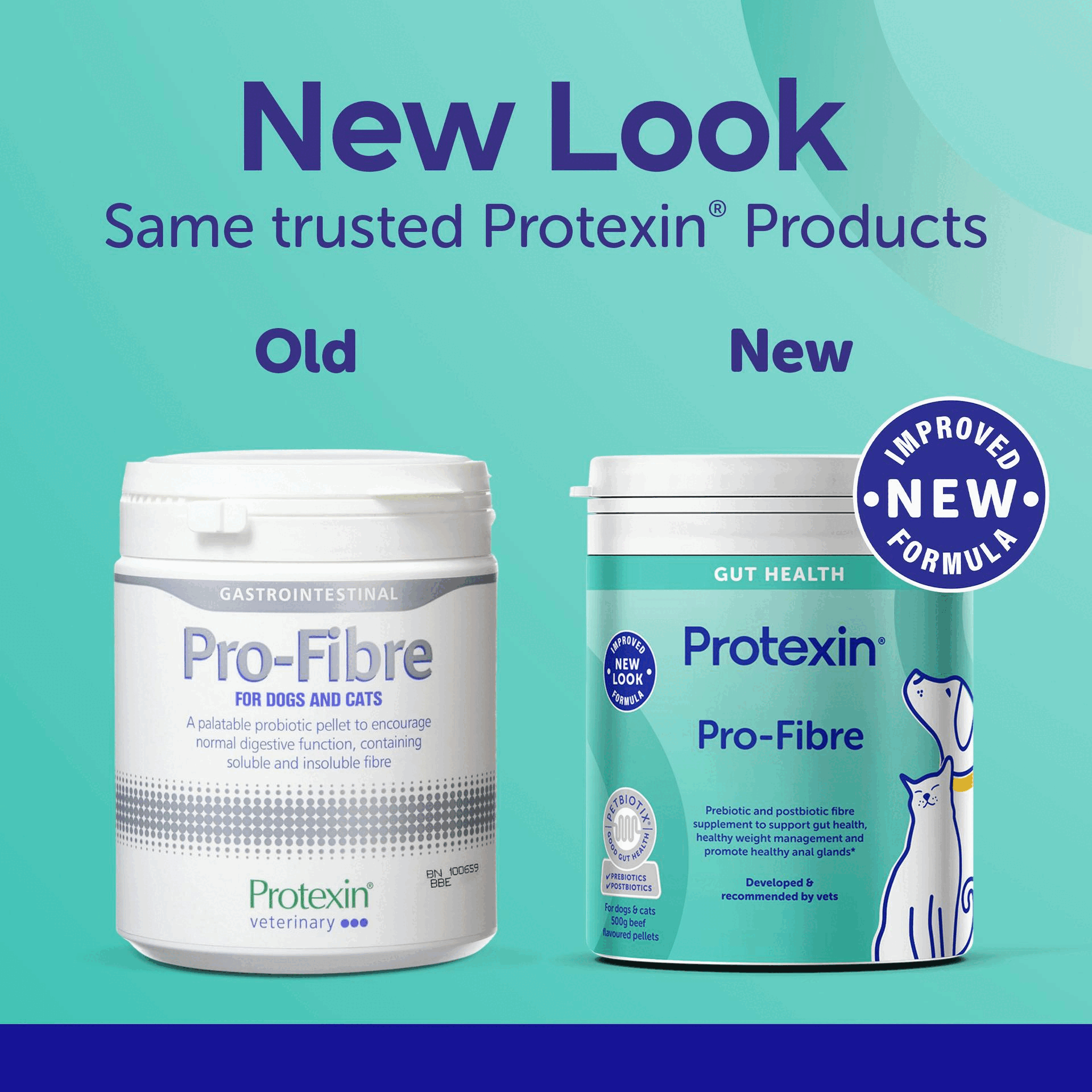 Image 1 GIF - The image shows a side-by-side comparison of two white Protexin Pro-Fibre pet supplement tubs, an Old design on the left and a New design on the right with a teal label and illustrations of a dog and cat, displaying text including New Look, Same trusted Protexin Products, Old, New, GASTROINTESTINAL, Pro-Fibre FOR DOGS AND CATS, Protexin veterinary, GUT HEALTH, Protexin Pro-Fibre, IMPROVED NEW FORMULA, PETBIOTIX GOOD GUT HEALTH, PREBIOTICS, POSTBIOTICS, Developed & recommended by vets, For dogs & cats, 500g beef flavoured pellets. Image 2 GIF - A cat lies on a dog with green foliage in the foreground against a teal background with white curved shapes, alongside the text Pro-Fibre for cats & dogs, Vet-Recommended pre & postbiotic fibre supplement, With clinically proven postbiotic to support gut health, Supports gut health, healthy weight & anal gland function*, *High fibre supports anal gland health & weight management. Image 3 GIF - A golden Labrador dog is petted by a hand next to a tub of Protexin Pro-Fibre pet supplement, with text stating UKs #1 Vet Recommended Digestive Supplement Manufacturer*, Made with Petbiotix® Supports a healthy gut microbiome!, Tasty beef flavour, 500g pellets, and *Source: Kynetec UK VetTrak, MAT September 2024*. Image 4 GIF - A hand pets a contented brown striped cat against a teal background with white shapes and the text: Protexin® Pioneering research that unlocks the power of gut health, Trusted & recommended by veterinary professionals, Easy-to-give supplements for every pets lifestyle, Backed by 30 years of expertise & innovation. Image 5 GIF - An image showing instructions and a dosage table for a product titled How many, how often? states Instructions for use: Add to food once daily for as long as considered necessary or as advised by your veterinary surgeon. The simultaneous oral use with macrolides must be avoided, and provides dosage information under Weight and Number of measures per day: <5kg 1/2 measure (5g), 5-20kg 1 measure (10g), 20-35kg 2 measures (20g), >35kg 3 measures (30g).