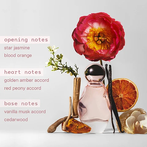 Image 3 - A still life of fragrance ingredients including a light pink perfume bottle, a red peony with water droplets, dried orange slice, vanilla pods, amber resin, wood pieces, and small white flowers, with the text opening notes star jasmine blood orange heart notes golden amber accord red peony accord base notes vanilla musk accord cedarwood. Image 5 - A grid of six close-up images shows eyes with different lash types enhanced by mascara, including fine and short, short, dense, long, straight, and curly lashes, with the text PERFECT FOR ALL LASH TYPES and KYLASH VOLUME MASCARA.