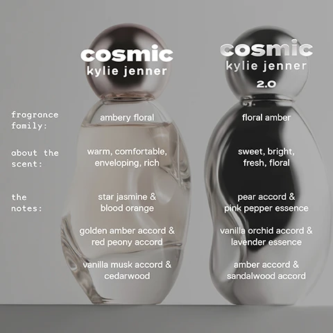 Image 3 - Two Cosmic Kylie Jenner perfume bottles are displayed with their descriptions: the left bottle is Cosmic Kylie Jenner, an ambery floral scent that is warm, comfortable, enveloping, and rich, featuring notes of star jasmine & blood orange, golden amber accord & red peony accord, and vanilla musk accord & cedarwood; the right bottle is Cosmic Kylie Jenner 2.0, a floral amber scent that is sweet, bright, fresh, and floral, with notes of pear accord & pink pepper essence, vanilla orchid accord & lavender essence, and amber accord & sandalwood accord. Image 5 - The image displays two perfume bottles with organic, rounded shapes, one light amber and one black, accompanied by text layer & customize your own cosmic experience, for a sweeter, brighter scent: layer cosmic 2.0 over cosmic original. cosmic 2.0 adds a clean floral facet and fruitiness to the original cosmic. for a warm, rich scent: layer cosmic original over cosmic 2.0. the original cosmic adds a sensual touch to cosmic 2.0, thanks to the ambery and woody notes.