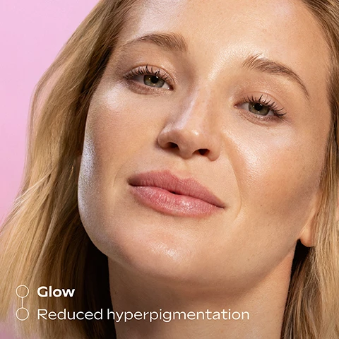 Image 4 - A close-up of a woman with blonde hair and glowing skin, looking towards the viewer, with text stating Glow and Reduced hyperpigmentation. Image 5 - A split image features an upper section with a shimmering light background and pink and gold streaks, stating MINERAL PIGMENTS immediate glow effect, while the lower section shows dark, textured liquorice root with water droplets, stating LIQUORICE reduces hyperpigmentation and pigment spots. Image 6 - The image shows a pink background with three Weleda Serum Drops bottles arranged from left to right: a blue and pink bottle, a pink and gold bottle, and a blue and yellow bottle, with the visible text Dewy Glow Routine, WELEDA NATURAL SCIENCE, Hyaluronic Moisture SERUM DROPS with snow mushroom, WELEDA NATURAL SCIENCE, Glow Perfecting SERUM DROPS with liquorice, WELEDA NATURAL SCIENCE, Extra Rich Omega SERUM DROPS with avocado oil, AM, Hyaluronic Moisture & Glow Drops for a dewy, natural glow, PM, Extra Rich Omega Serum for barrier repair & deeply nourished skin. Image 7 - A pair of hands on a pink background, with one finger scooping white cream from the palm of the other hand, illustrates the instructions: Application, Use 2-3 drops pure or Mix with your face cream (e.g. Skin Food Nourishing Day Cream) Apply and boost effect! Image 8 - A close-up of a person applying white serum to their cheek with a finger, with text that reads Lightweight glowy serum. Image 9 - A collage shows a woman with serum drops dispensed on her cheek, a hand mixing serum on another hand, and a smiling woman holding a pink bottle of serum, with text overlays Drop it!, Mix it!, and Boost it!, and the bottle label reading WELEDA NATURAL SCIENCE Glow Perfecting Serum Drops with liquorice.