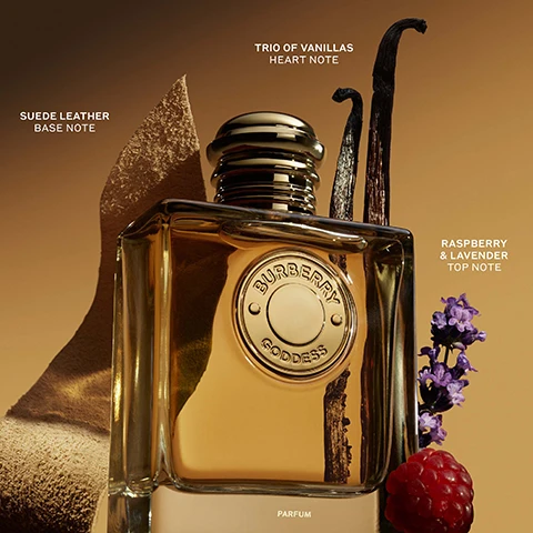 Image 1 - A gold-toned perfume bottle with a round gold label reading Burberry Goddess is displayed on a tan background, surrounded by a suede leather swatch labeled Suede Leather Base Note, two vanilla beans labeled Trio of Vanillas Heart Note, and lavender flowers with a raspberry labeled Raspberry & Lavender Top Note, with the word Parfum visible at the bottom of the bottle. Image 2 - Three rectangular Burberry Goddess perfume bottles with gold caps are displayed in a row, with liquids of progressively darker golden hues. The text in the image reads Burberry Goddess, and below each bottle from left to right: Eau de Parfum, with three black circles and two white circles, Lavender, Trio of Vanillas, Eau de Parfum Intense, with three black circles and two white circles, Lavender, Quartet of Vanillas, and New Parfum, with four black circles and one white circle, Raspberry & Lavender, Trio of Vanillas, Suede Leather, with smaller text on each bottle also stating Eau de Parfum, Eau de Parfum Intense, and Parfum respectively. Image 3 - A close-up image showing two dark vanilla beans, a sprig of purple lavender, and a single red raspberry arranged in front of a textured golden-brown leaf shape, with text at the top that reads GOURMAND, AROMATIC, LEATHERY and below it RASPBERRY & LAVENDER. TRIO OF VANILLAS, SUEDE LEATHER, accompanied by four filled white circles and one outlined white circle. Image 4 - Four Burberry Goddess perfume products are displayed against a golden background: three golden glass bottles of 30ML, 50ML, and 100ML sizes are stacked, and next to them is a 150ML refill bottle, all labeled Burberry Goddess Parfum or Parfum Refill/Recharge. Image 5 - A woman with long brown hair wearing a tan dress poses outdoors with a sunny glow, next to two gold perfume bottles, with the text Burberry Goddess The New Refillable Parfum.